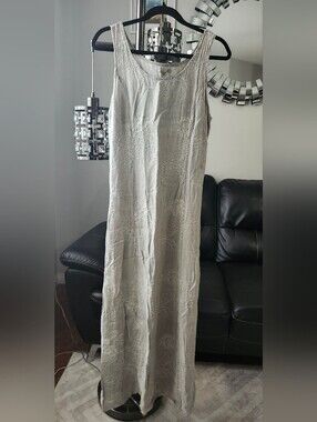 Lina Tomei Sleeveless Embroidered Linen Maxi Skirt in Light Gray